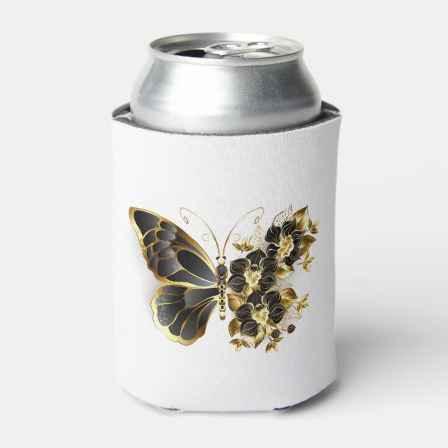 Gold Flower Butterfly with Black Orchid Can Cooler (Can Front)