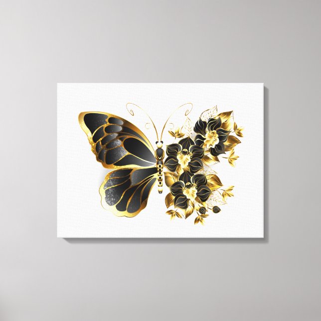 Gold Flower Butterfly with Black Orchid Canvas Print (Front)