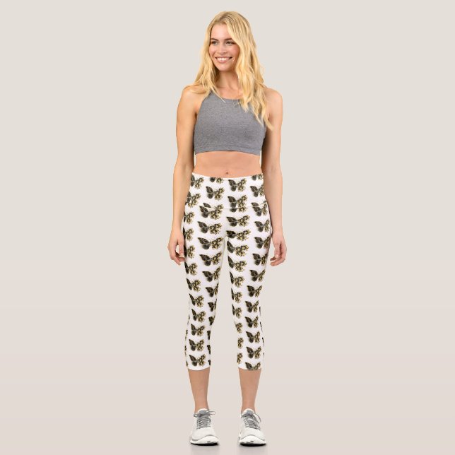 Gold Flower Butterfly with Black Orchid Capri Leggings (Front)