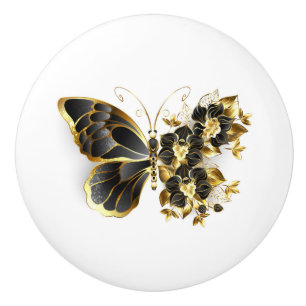 Gold Flower Butterfly with Black Orchid Ceramic Knob