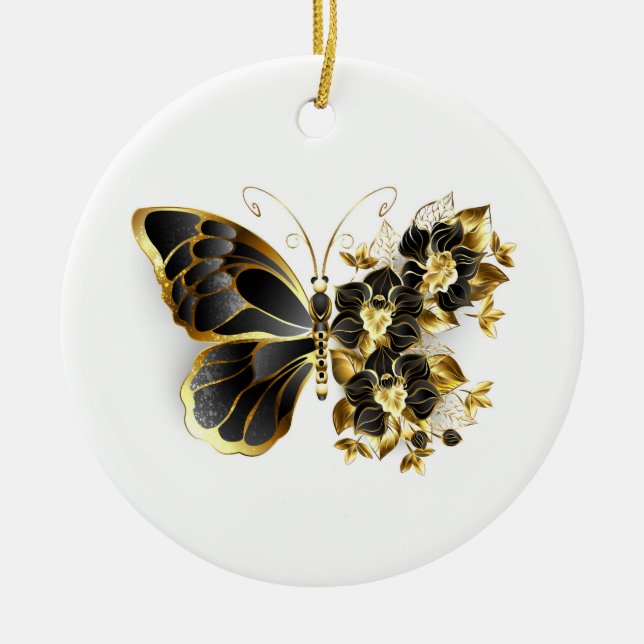 Gold Flower Butterfly with Black Orchid Ceramic Tree Decoration (Front)