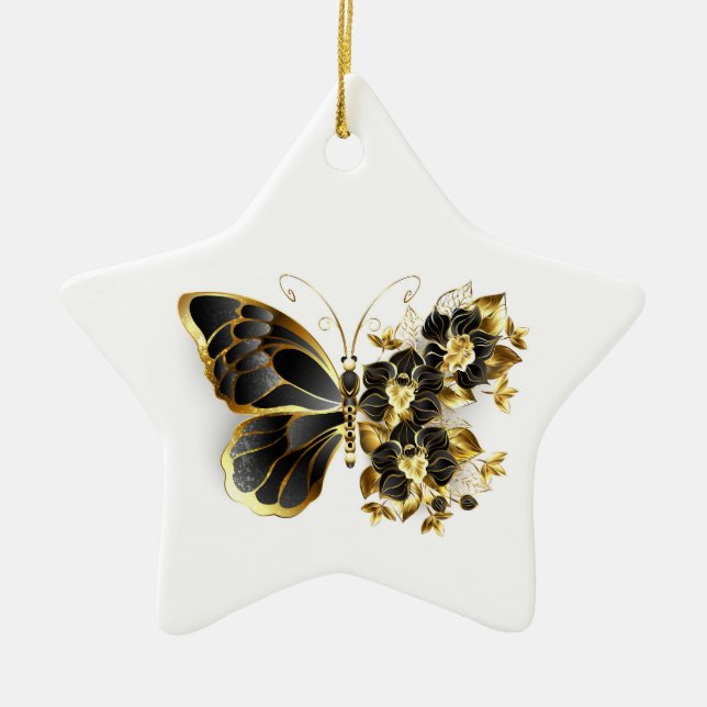 Gold Flower Butterfly with Black Orchid Ceramic Tree Decoration (Front)