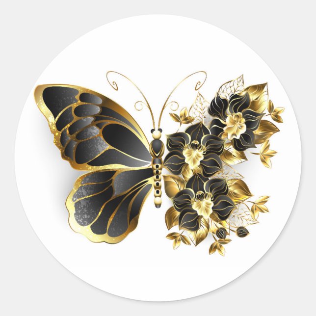 Gold Flower Butterfly with Black Orchid Classic Round Sticker (Front)