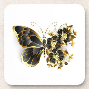 Gold Flower Butterfly with Black Orchid Coaster