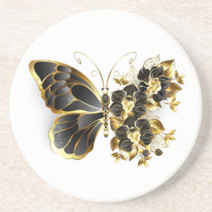 Gold Flower Butterfly with Black Orchid Coaster