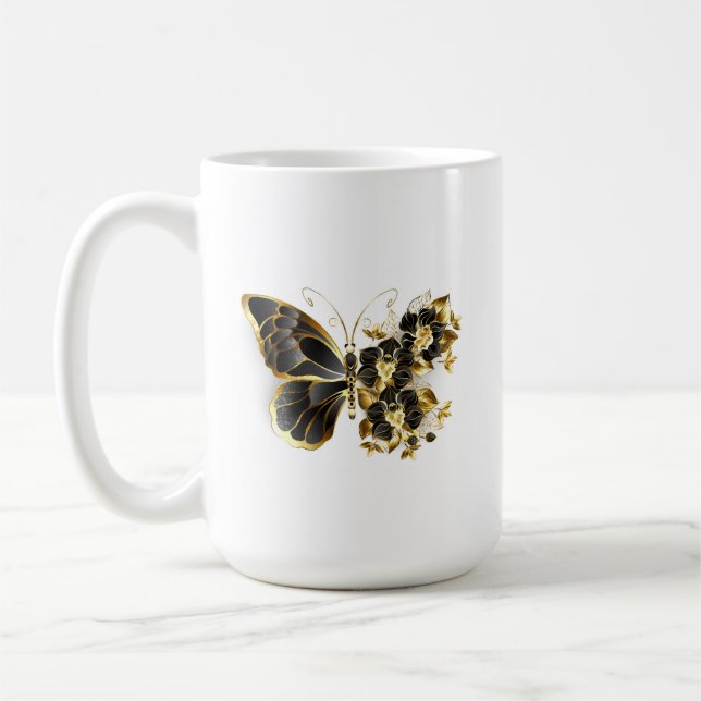 Gold Flower Butterfly with Black Orchid Coffee Mug (Left)