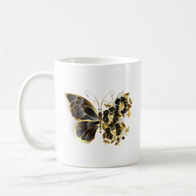 Gold Flower Butterfly with Black Orchid Coffee Mug (Left)