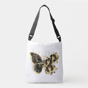 Gold Flower Butterfly with Black Orchid Crossbody Bag