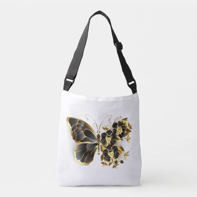 Gold Flower Butterfly with Black Orchid Crossbody Bag (Front)