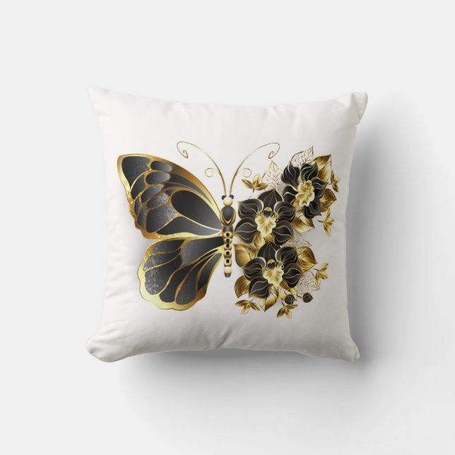 Gold Flower Butterfly with Black Orchid Cushion (Front)