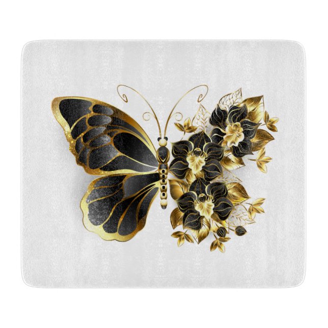 Gold Flower Butterfly with Black Orchid Cutting Board (Front)
