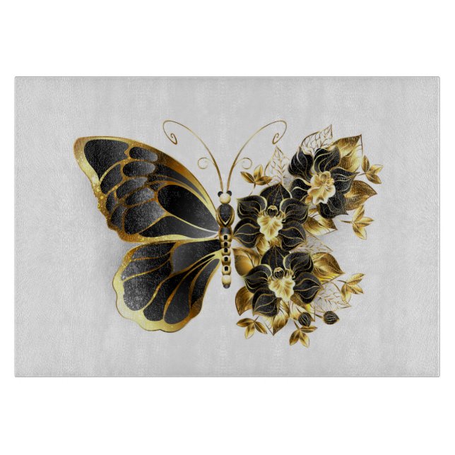 Gold Flower Butterfly with Black Orchid Cutting Board (Front)