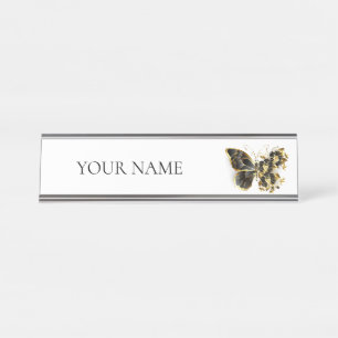 Gold Flower Butterfly with Black Orchid Desk Name Plate