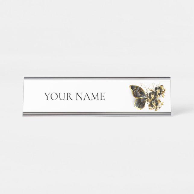 Gold Flower Butterfly with Black Orchid Desk Name Plate (Front)