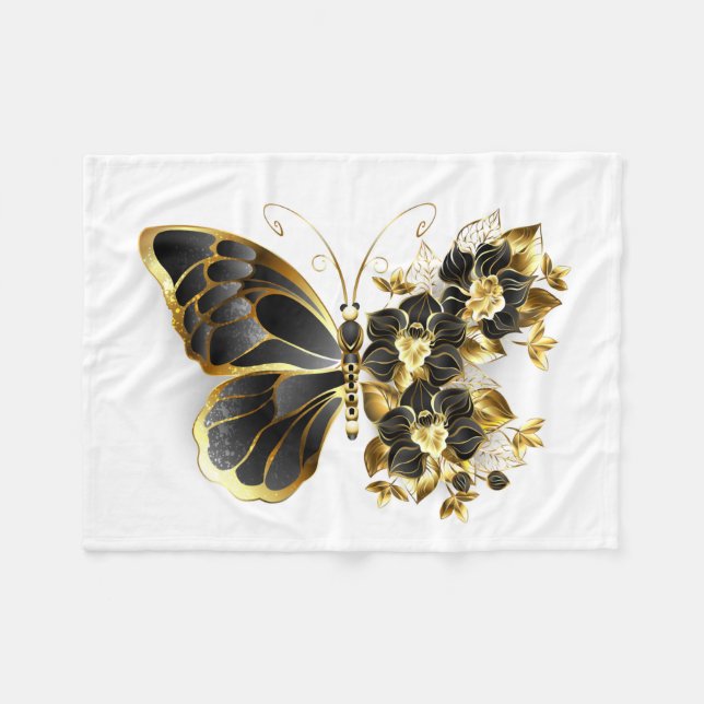 Gold Flower Butterfly with Black Orchid Fleece Blanket (Front (Horizontal))