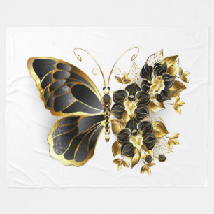 Gold Flower Butterfly with Black Orchid Fleece Blanket