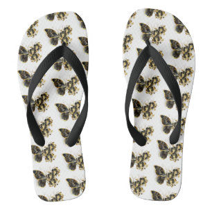 Gold Flower Butterfly with Black Orchid Flip Flops