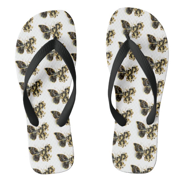 Gold Flower Butterfly with Black Orchid Flip Flops (Footbed)
