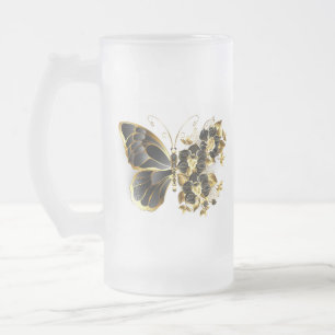 Gold Flower Butterfly with Black Orchid Frosted Glass Beer Mug