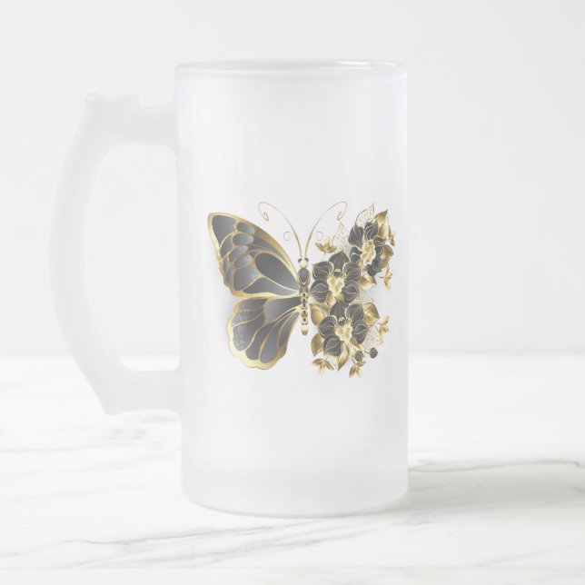 Gold Flower Butterfly with Black Orchid Frosted Glass Beer Mug (Left)
