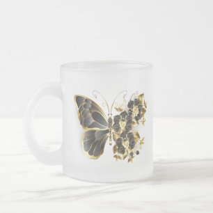 Gold Flower Butterfly with Black Orchid Frosted Glass Coffee Mug