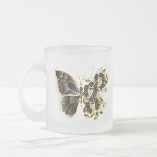 Gold Flower Butterfly with Black Orchid Frosted Glass Coffee Mug (Left)