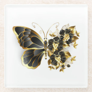 Gold Flower Butterfly with Black Orchid Glass Coaster