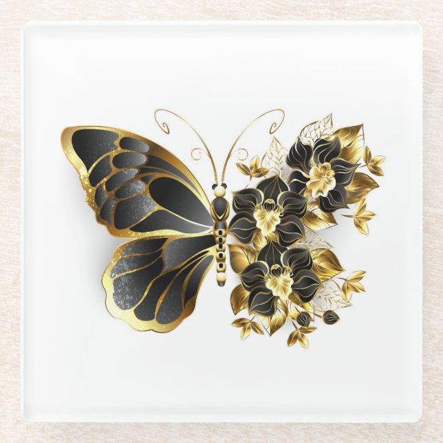 Gold Flower Butterfly with Black Orchid Glass Coaster (Front)