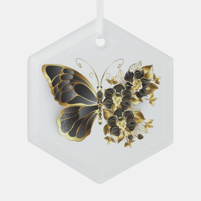Gold Flower Butterfly with Black Orchid Glass Tree Decoration (Front)