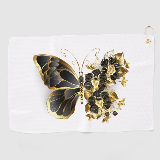 Gold Flower Butterfly with Black Orchid Golf Towel (Horizontal)