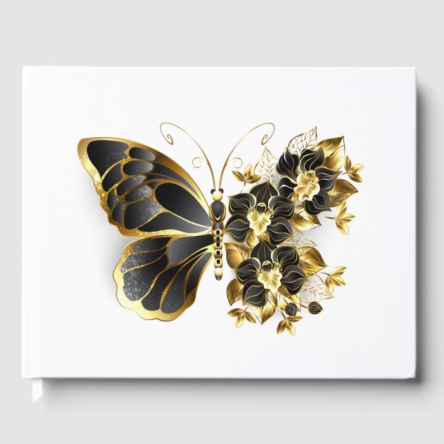 Gold Flower Butterfly with Black Orchid Guest Book (Front)