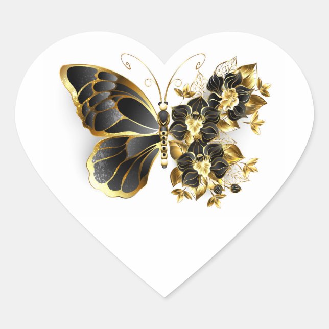Gold Flower Butterfly with Black Orchid Heart Sticker (Front)