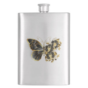 Gold Flower Butterfly with Black Orchid Hip Flask