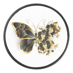 Gold Flower Butterfly with Black Orchid Hockey Puck