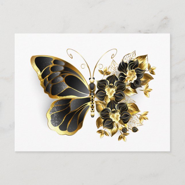 Gold Flower Butterfly with Black Orchid Invitation Postcard (Front)