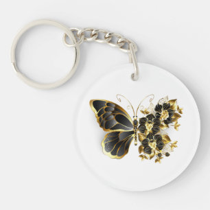 Gold Flower Butterfly with Black Orchid Key Ring