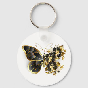 Gold Flower Butterfly with Black Orchid Key Ring