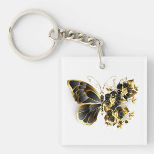 Gold Flower Butterfly with Black Orchid Key Ring