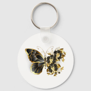 Gold Flower Butterfly with Black Orchid Key Ring