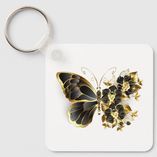 Gold Flower Butterfly with Black Orchid Key Ring (Front)