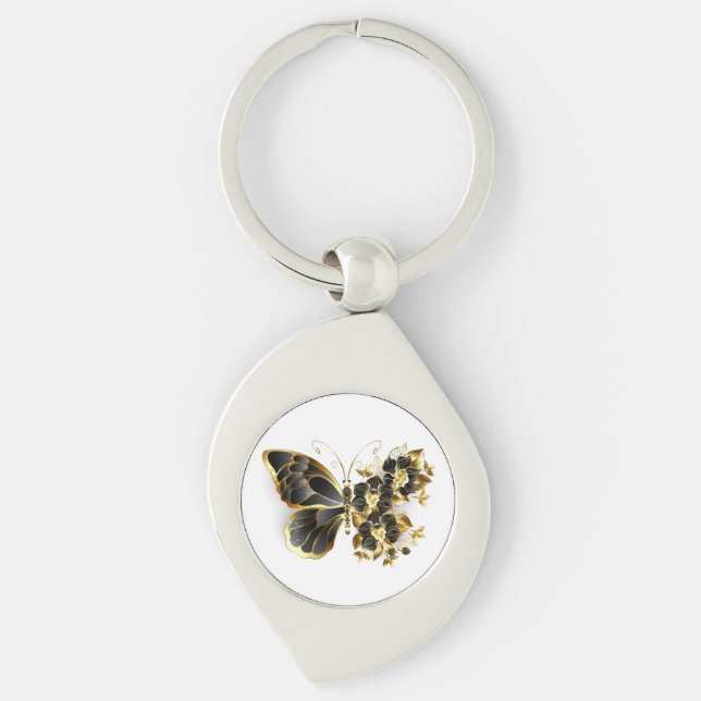 Gold Flower Butterfly with Black Orchid Key Ring (Front)