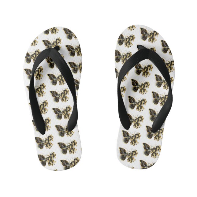 Gold Flower Butterfly with Black Orchid Kid's Flip Flops (Footbed)