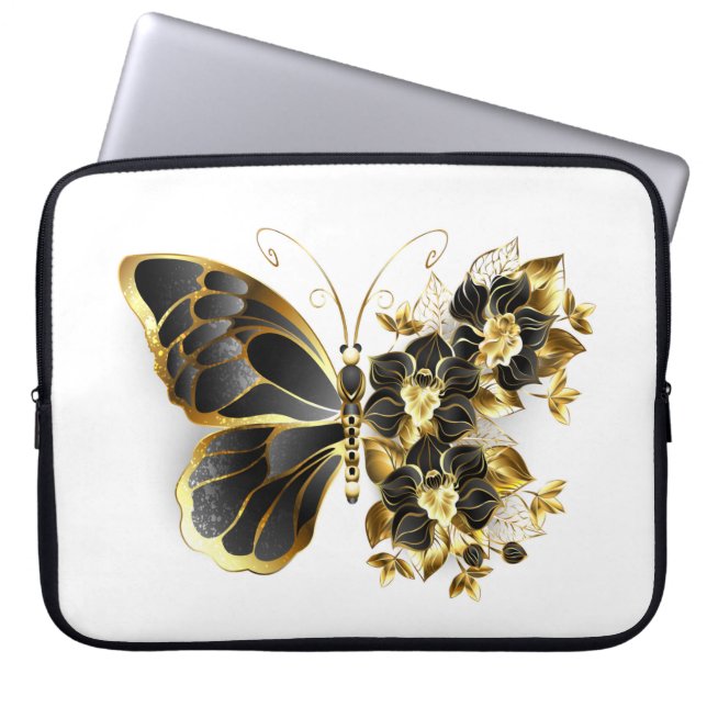 Gold Flower Butterfly with Black Orchid Laptop Sleeve (Front)