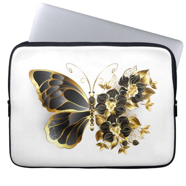 Gold Flower Butterfly with Black Orchid Laptop Sleeve (Front)
