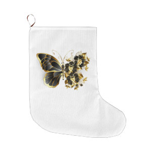 Gold Flower Butterfly with Black Orchid Large Christmas Stocking