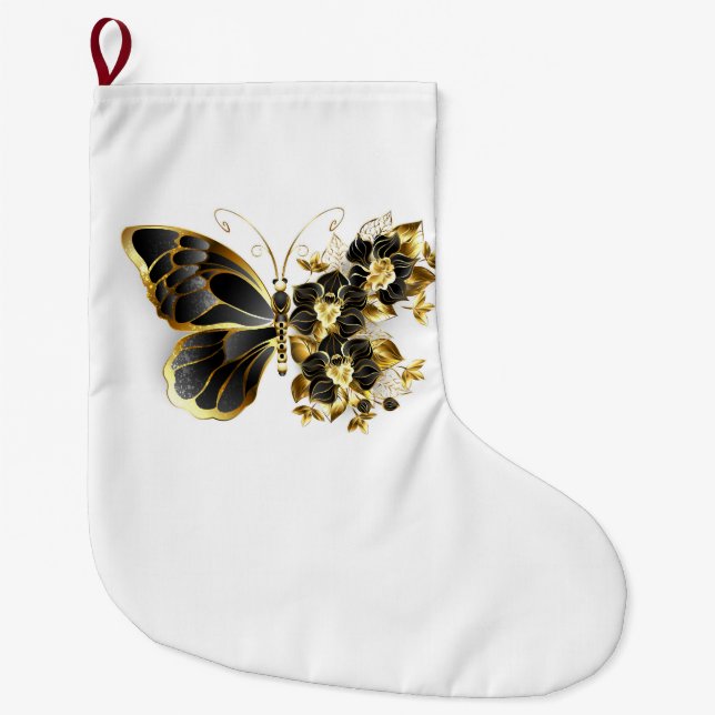 Gold Flower Butterfly with Black Orchid Large Christmas Stocking (Front)