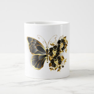 Gold Flower Butterfly with Black Orchid Large Coffee Mug
