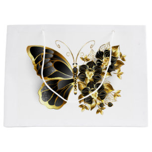 Gold Flower Butterfly with Black Orchid Large Gift Bag