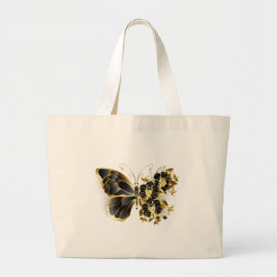 Gold Flower Butterfly with Black Orchid Large Tote Bag