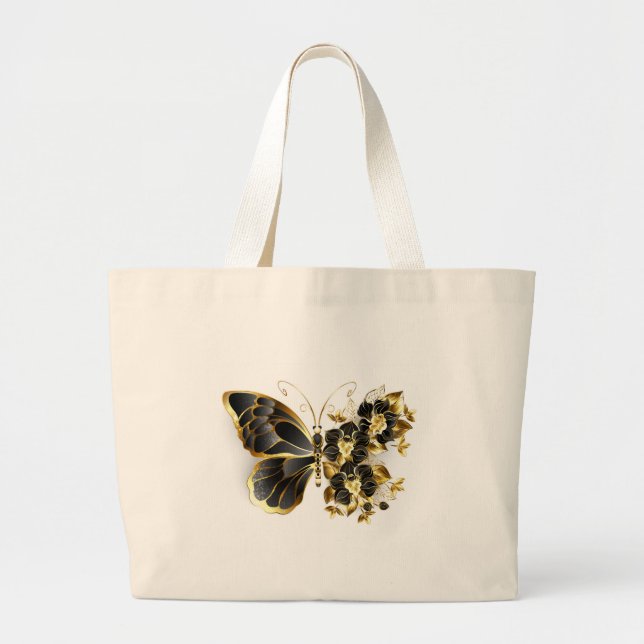 Gold Flower Butterfly with Black Orchid Large Tote Bag (Front)